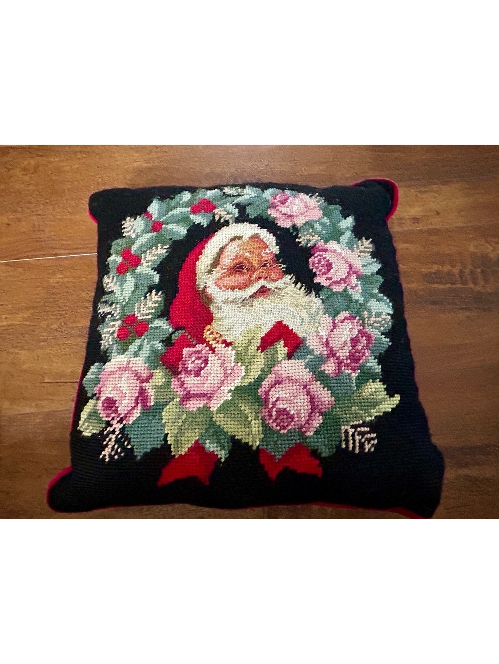 Vintage Santa Claus Needlepoint Decorative Pillow with Velvet Back